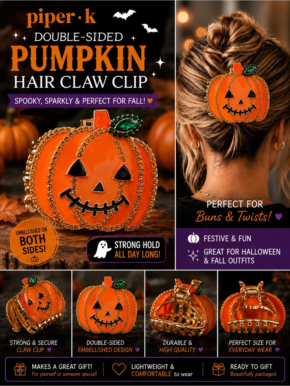 Piper Pumpkin Hair Claw Clip — Orange with Gold and Green Accents